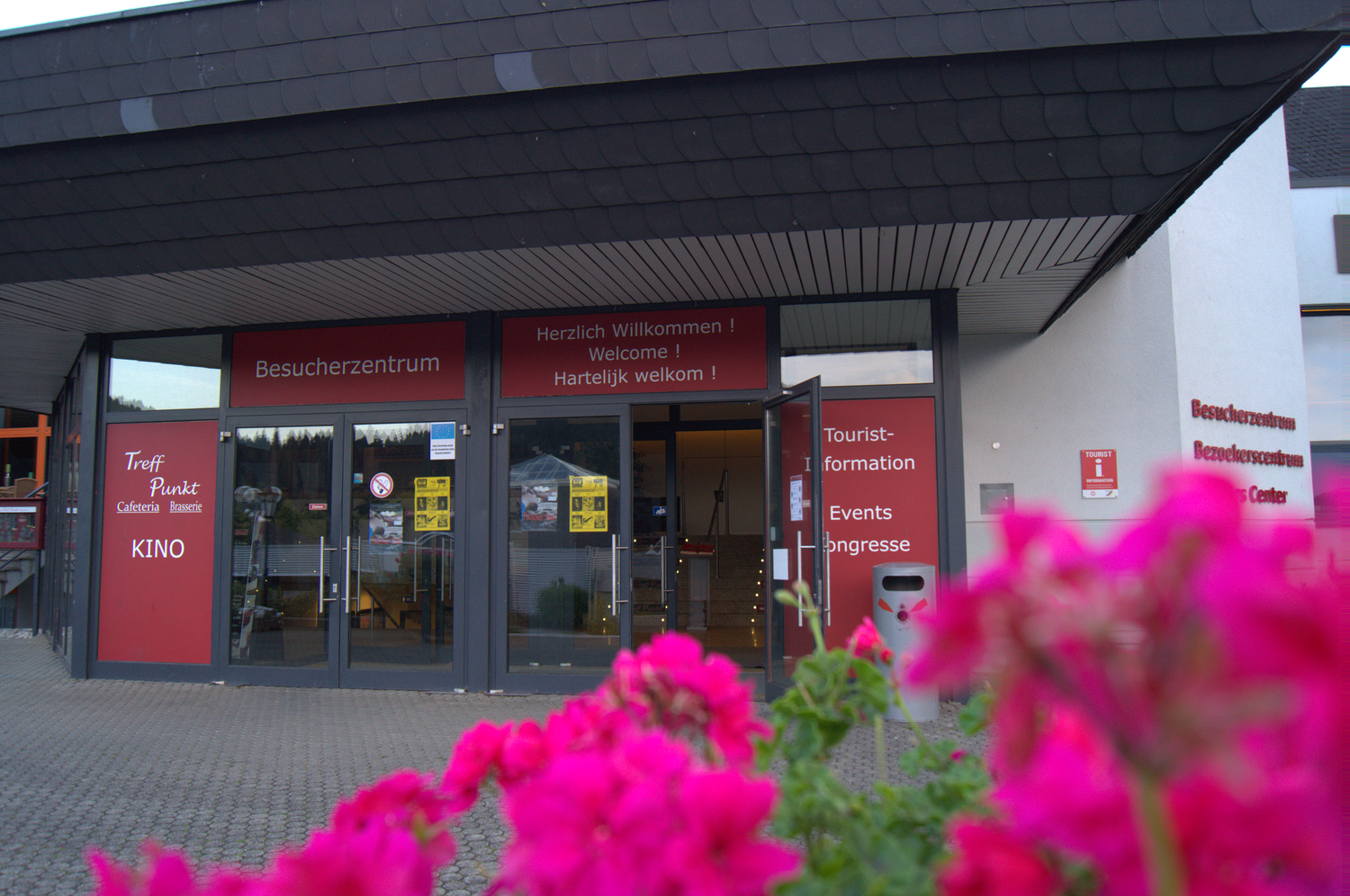Pinke Blumen stehen vor dem Eingang zum Willinger Besucherzentrum