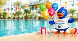 ki-generierte Badeente steht mit Luftballons vor einem Schwimmbecken.