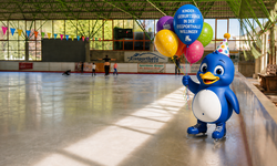 Ki-generiertes Bild einer Badeente beim Schlittschuhlaufen in der Eissporthalle.