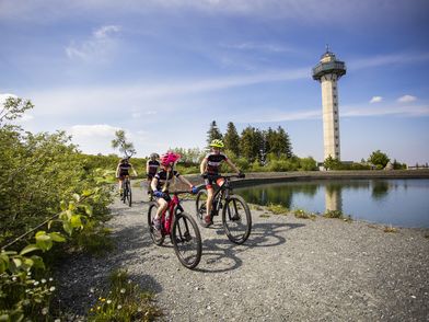 Familie auf Bikes am Bergsee auf dem Ettelsberg 