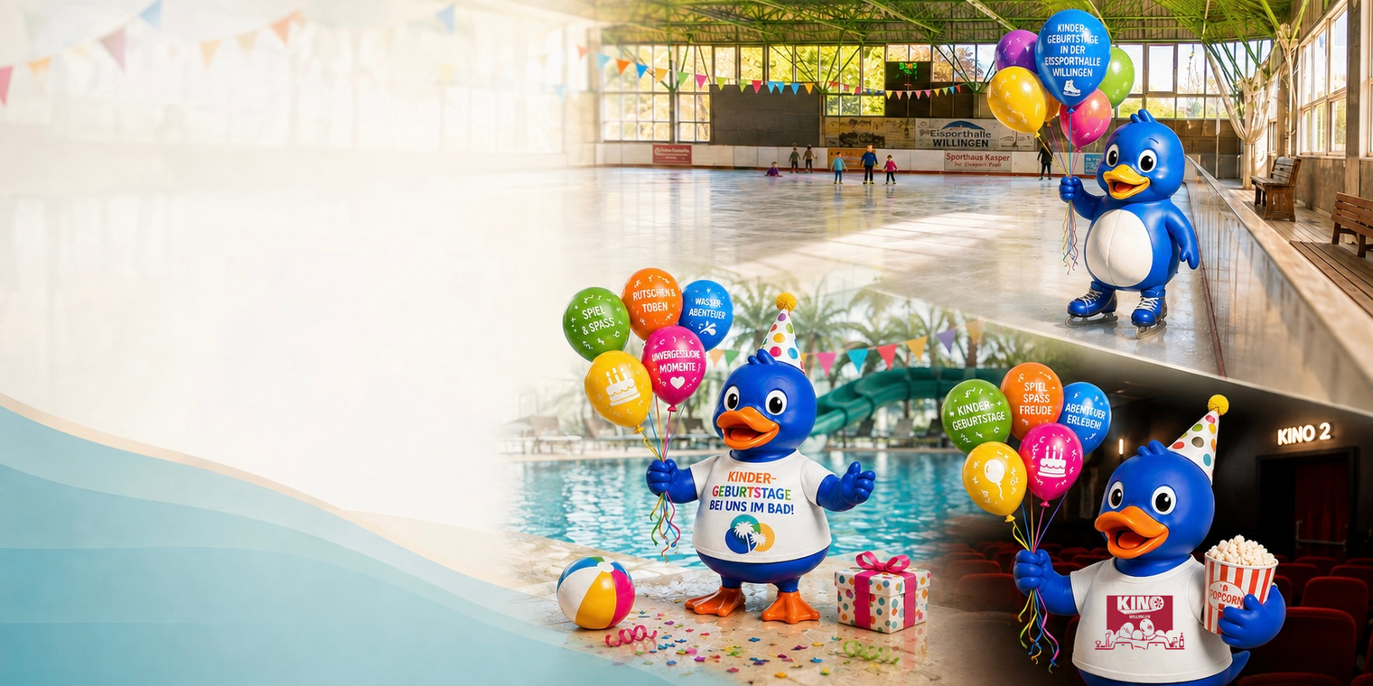Ki-generiertes Bild von drei Badeenten im Kino, im Schwimmbad und in der Eislaufhalle. 